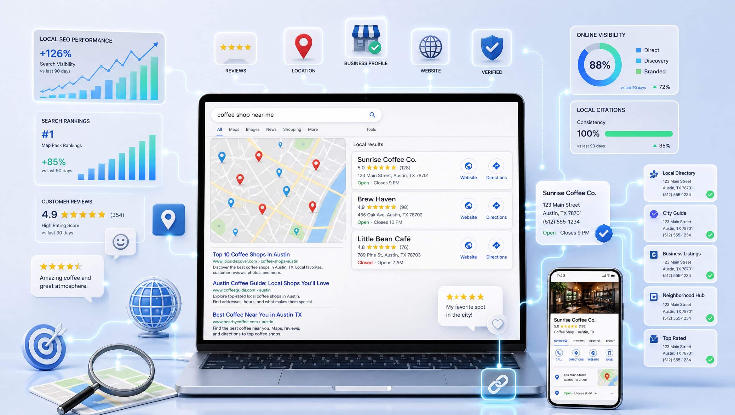 Local SEO concept showing Google Maps listings, location pins, customer reviews
